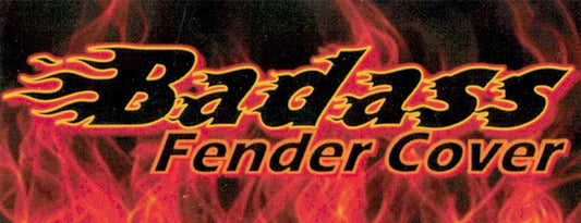 bad ass fender cover text with a flaming background